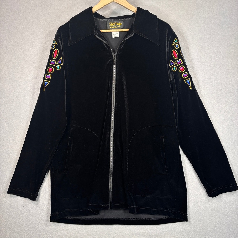 Vtg Bob Mackie‎ Zip Jacket Womens M Wearable Art Black Velvet Jewel Embroidered